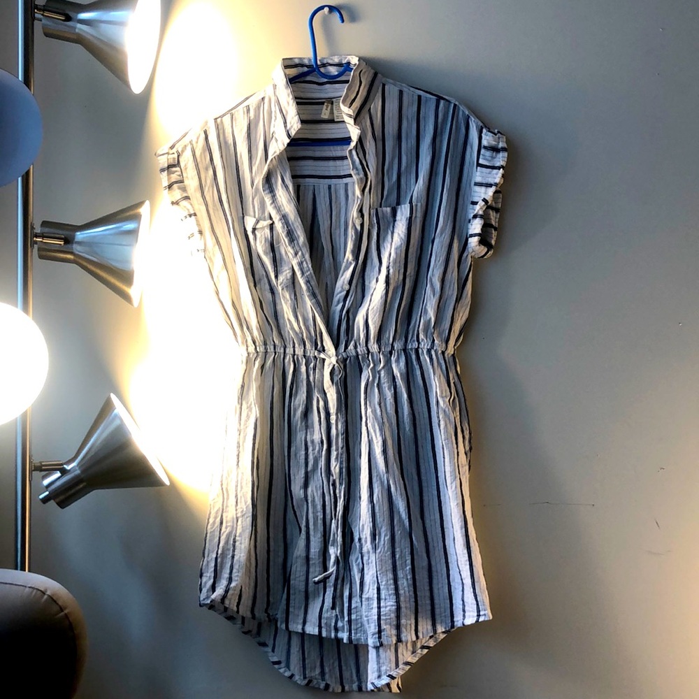 Short sleeve Button up tie waist striped dress